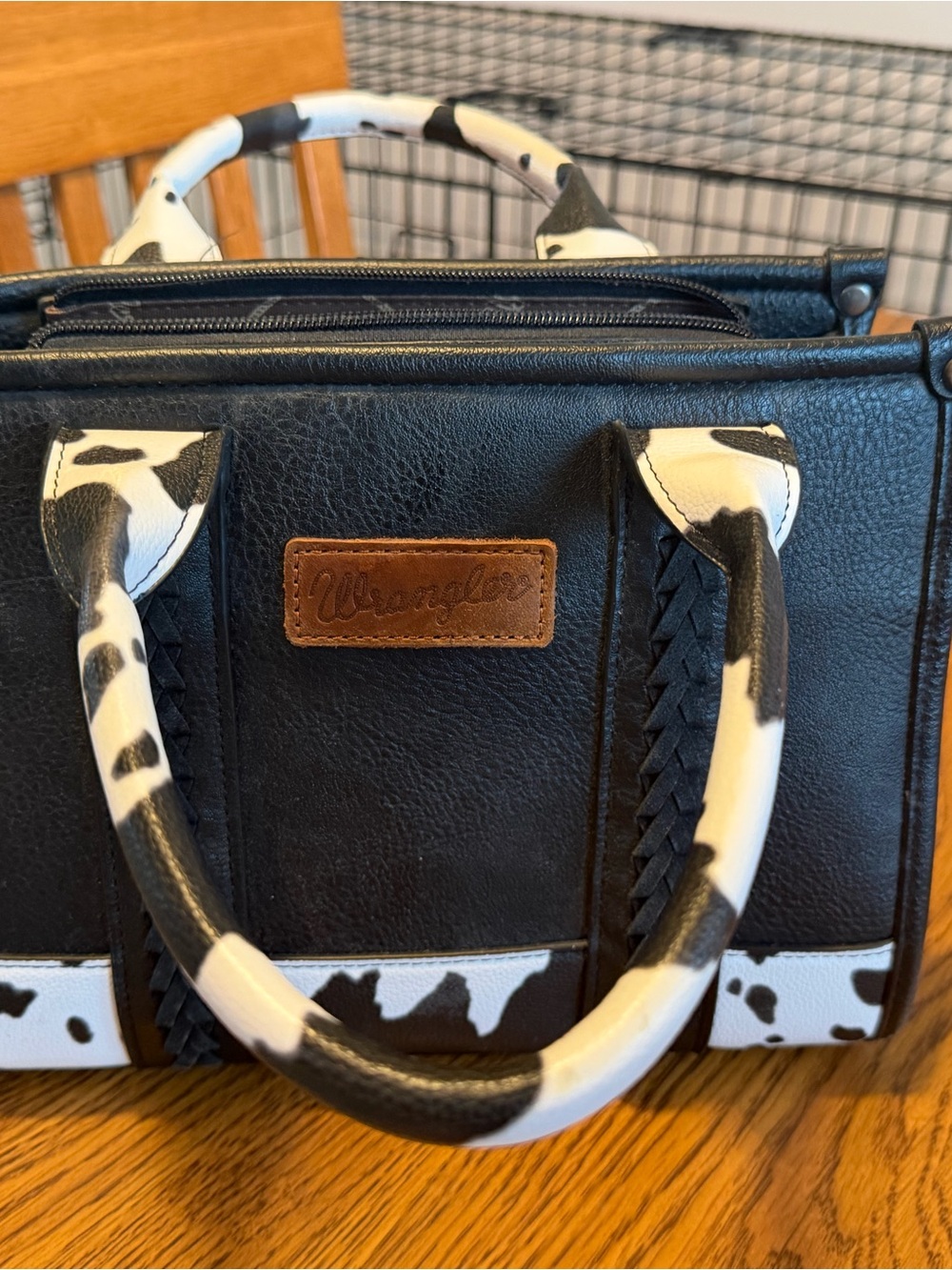 Wrangler Black Satchel with Cow-Print Accents